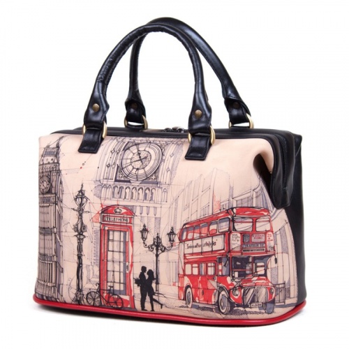 Женская сумка-саквояж из кожи с росписью "Лондон" фото фото 2