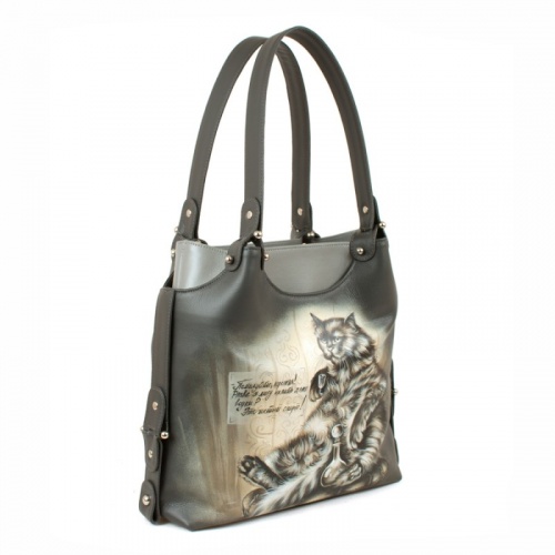 Женская кожаная сумка тоут с росписью "Кот Бегемот с графином" фото фото 2