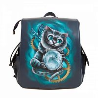 Женский городской кожаный рюкзак "Чешир с часами" с рисунком, росписью, принтом - фото