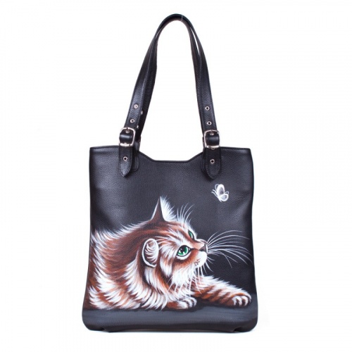 Кожаная сумка шоппер с росписью котика "Кот и мотылек" фото шоппера фото 4