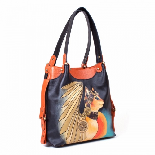 Кожаная сумка тоут с росписью "Кошка с крыльями" фото фото 3
