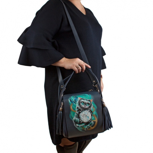 Женская модная квадратная сумка "Чешир с часами" с рисунком, принтом, росписью фото фото 2