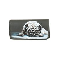Большой женский кошелек с росписью ручной работы "Любимец мопс" — женский кожаный кошелек-портмоне ручной работы с рисунком