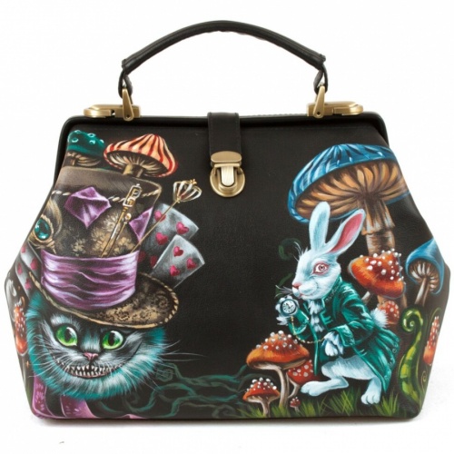 Женская сумка-саквояж с рисунком Чешира "Зазеркалье" с росписью, принтом - фото