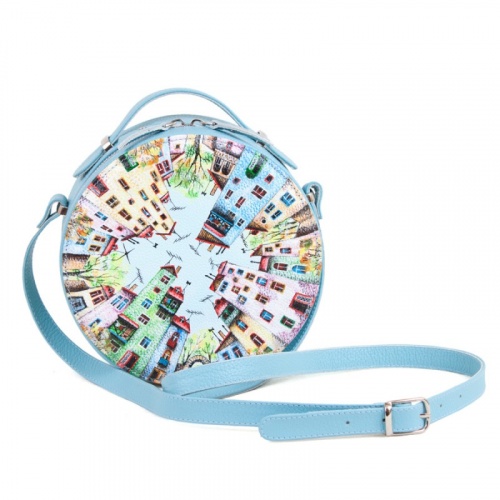 Круглая сумка из кожи с росписью "Игрушечный городок" фото