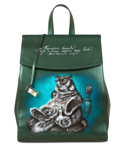 Кожаная сумка рюкзак с росписью "Кот Бегемот" ручной работы с рисунком и вышивкой на заказ
