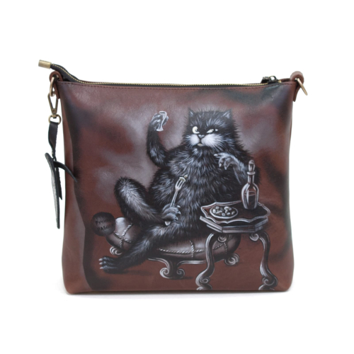 Женская кожаная сумка через плечо с рисунком ручной работы "Кот Бегемот" — кросс боди ручной работы с принтом фото 4
