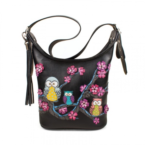 Кожаная сумка хобо с росписью "Дружные совушки" фото