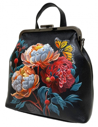 Кожаная сумка-рюкзак на фермуаре с росписью "Пионы" фото фото 3