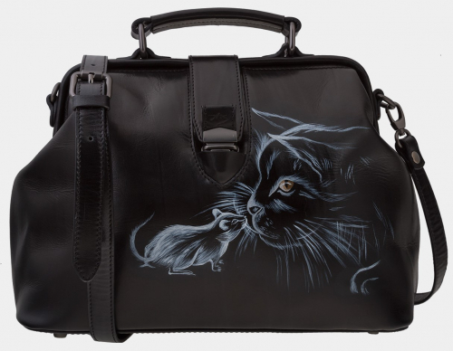 Женская коричневая сумка-саквояж с рисунком "Кошка и мышка" фото фото 5