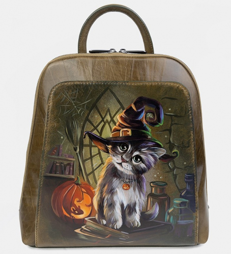 Женский кожаный рюкзак с росписью "Котенок Halloween" фото
