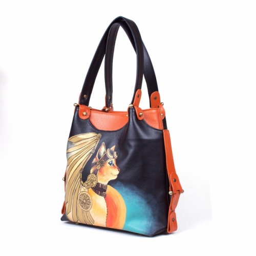 Кожаная сумка тоут с росписью "Кошка с крыльями" фото фото 2