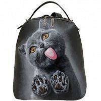 Женский рюкзак из кожи с рисунком котика "Серый дружок" с росписью, принтом - фото