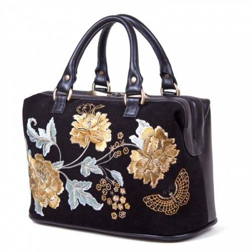 Женская сумка-саквояж из замши с вышивкой "Пионы" с росписью, принтом - фото фото 2