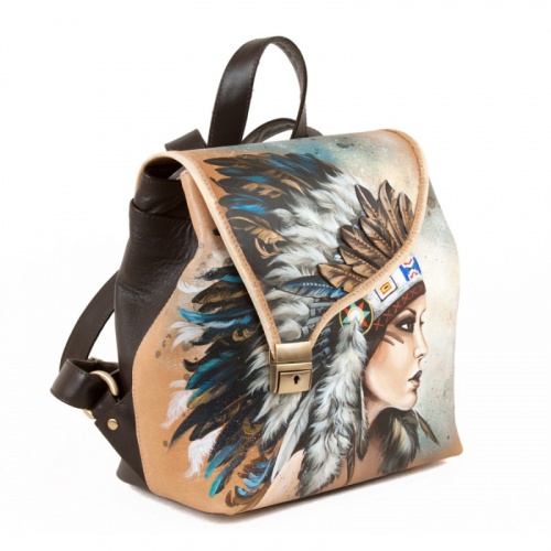 Рюкзак кожаный женский с росписью "Индианка" фото фото 2