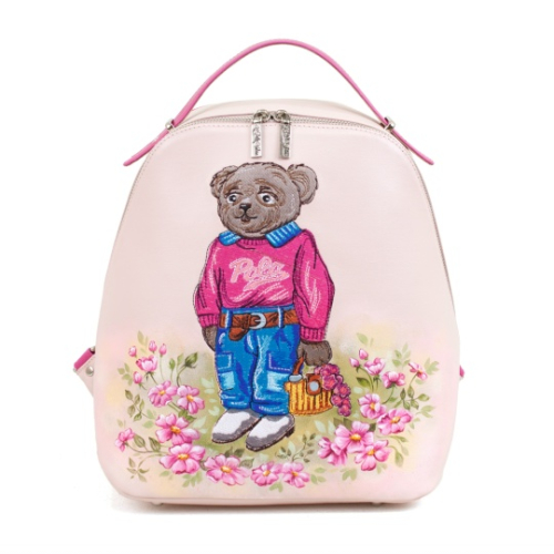 Розовый кожаный рюкзачок ручной работы с вышивкой "Мишка" ручной работы с рисунком на заказ | Sumnizza фото 2