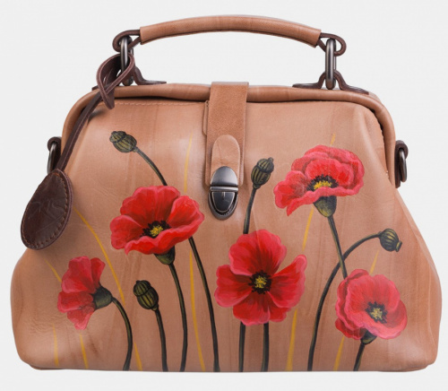 Женская кожаная сумка-саквояж "Летние маки" фото