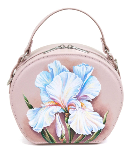 Полукруглая женская сумка с росписью "Белый ирис" - круглая кожаная женская сумка ручной работы с рисунком |  Sumnizza