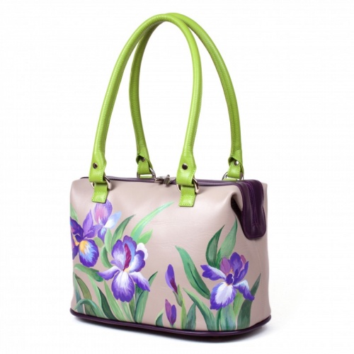 Кожаная сумка-саквояж "Фиолетовые орхидеи" с рисунком, росписью, принтом - фото фото 2