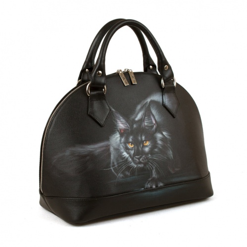 Большая полукруглая сумка с росписью "Кошка охотница" фото фото 3