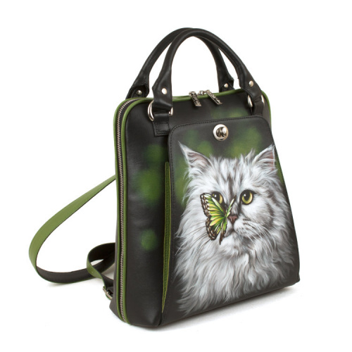 Кожаная сумка-рюкзак с росписью "Котик с бабочкой" фото фото 2