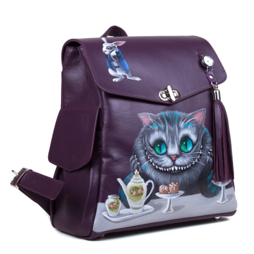 Женский рюкзак с карманами и рисунком Чешира "Чешир на чае" - кожаный рюкзак ручной работы с оригинальным рисунком на заказ |  Sumnizza фото 12