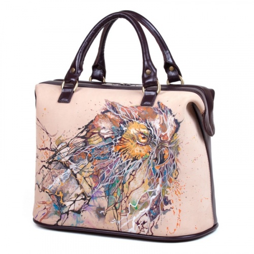 Женская сумка-саквояж из кожи "Филин" с рисунком, росписью, принтом - фото фото 3