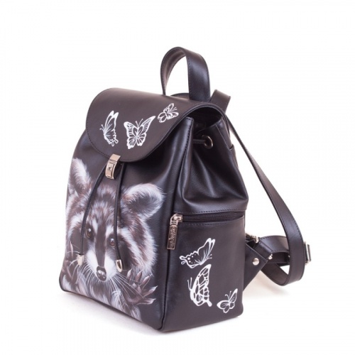 Женский рюкзак из кожи с рисунком "Енот с бабочками" фото фото 2