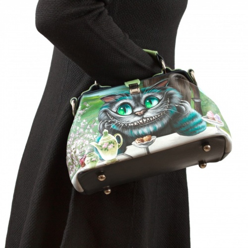 Кожаная сумка саквояж с рисунком Чешира "Чаепитие" фото фото 5