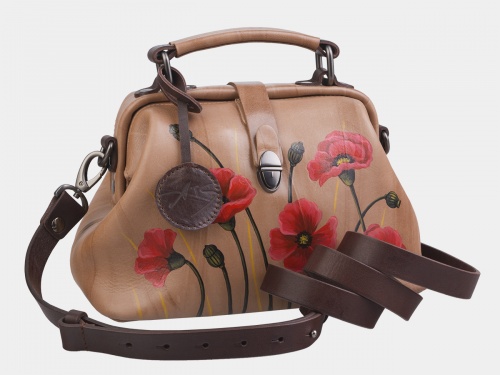 Женская кожаная сумка-саквояж "Летние маки" фото фото 2