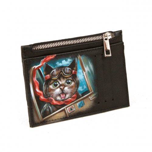 Кожаный холдер для карт с росписью "Котик-пилот" фото фото 2