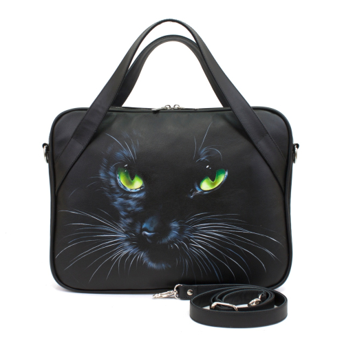 Кожаная сумка для ноутбука "Зеленоглазая кошка" с рисунком ручной работы на заказ фото 2