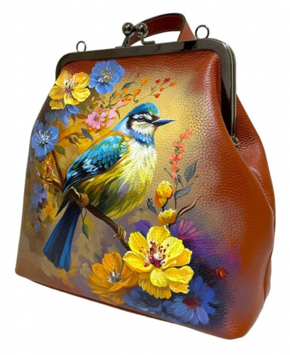 Кожаная сумка-рюкзак на фермуаре с росписью "Птичка" фото фото 3