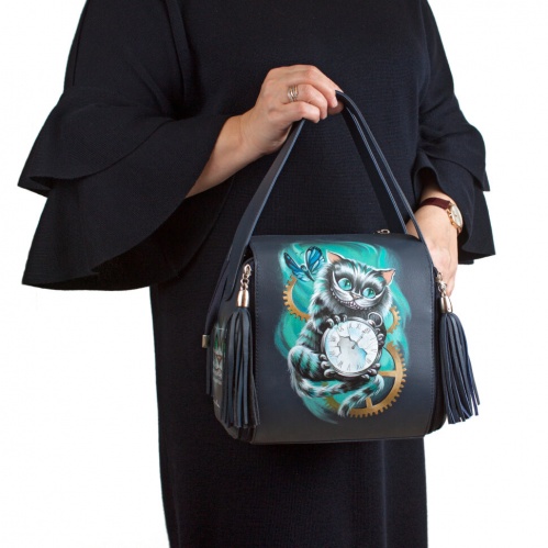Женская модная квадратная сумка "Чешир с часами" с рисунком, принтом, росписью фото фото 8