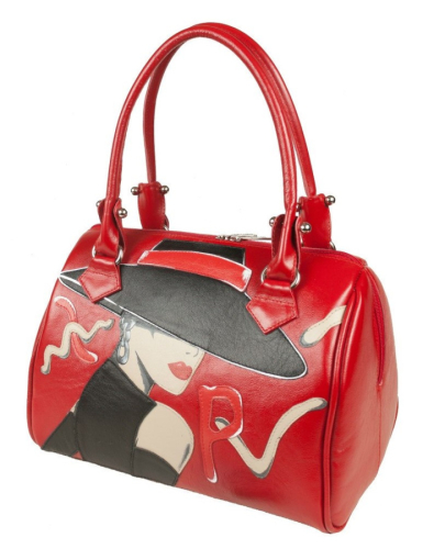 Красная лакированная сумка с росписью и аппликацией "Дама в шляпе" фото