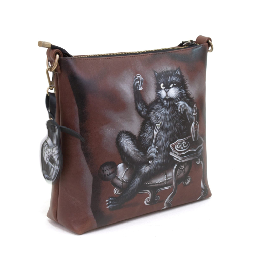 Женская кожаная сумка через плечо с рисунком ручной работы "Кот Бегемот" — кросс боди ручной работы с принтом фото 3