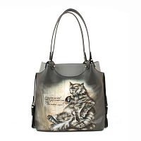 Женская кожаная сумка тоут с росписью "Кот Бегемот с графином" фото