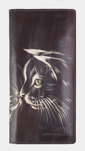 Вертикальный кошелек с отделениями для карт с рисунком "Кошка и мышка" - ручная работа"